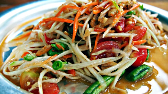 Green papaya salad is tasty, healthy, and inexpensive.