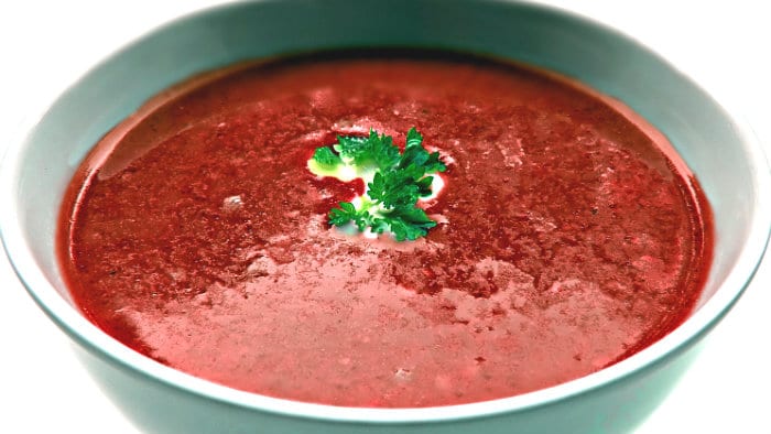 Borsch is a hearty soup with beets.