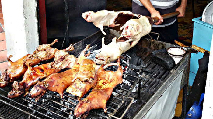 Not everyone dares to try grilled guinea pig with teeth sticking out of it's mouth.