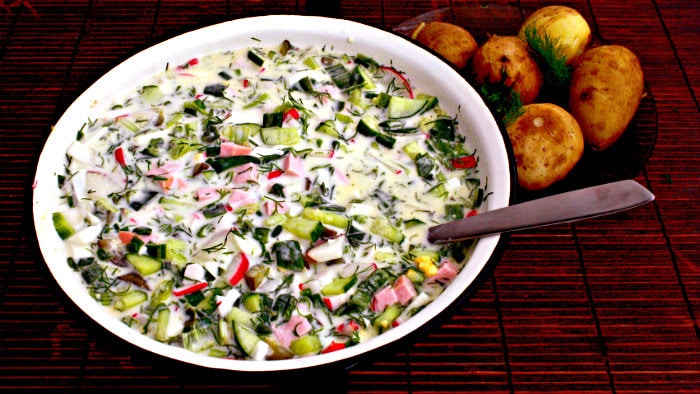 Okroshka is made with fresh vegetables and hard boiled eggs.