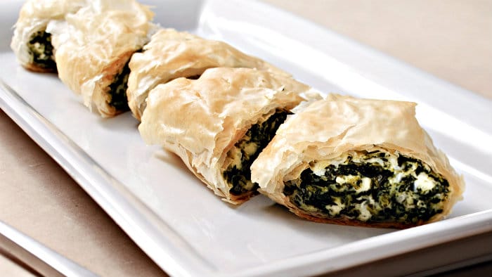 Spanakopita is filo pastry filled with vegetables and cheeses.