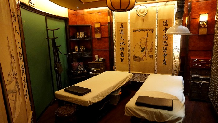 Semi-private massage room in China.